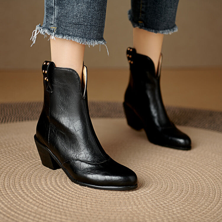 Women's Pointed Toe Square Heel Rivet Studded Ankle Boots