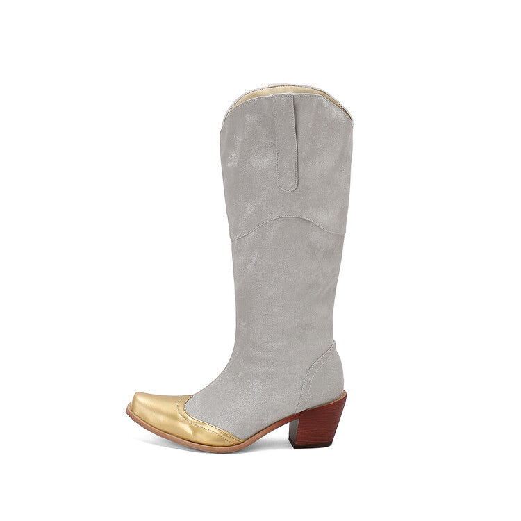 Women's Patchwork Pointed Toe Block Heel Knee High Western Boots