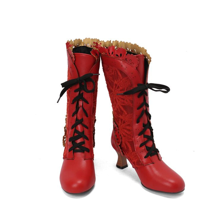 Women's Lace Lace-Up Round Toe Hoof Heel Mid Calf Boots