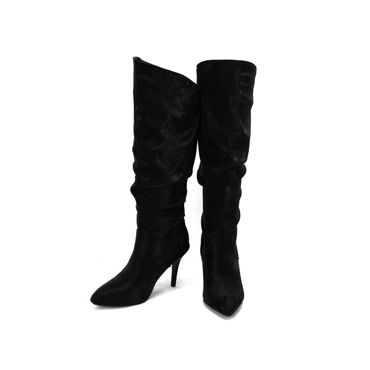 Women's Pleated Pointed Toe Thin Heel Knee High Boots
