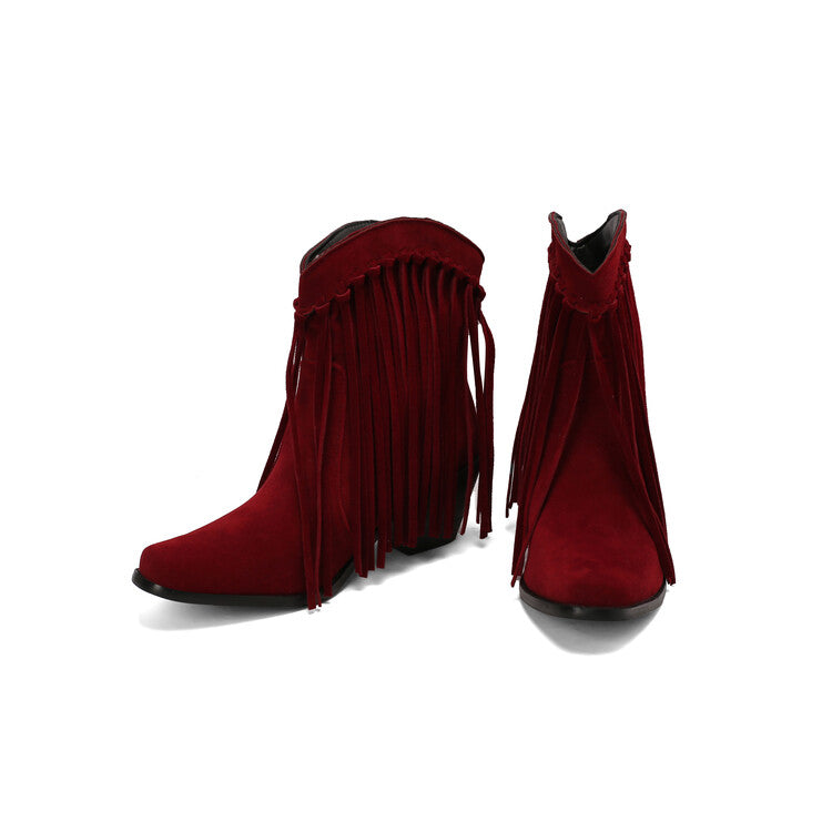 Women's Tassel Pointed Toe Block Heel Short Boots