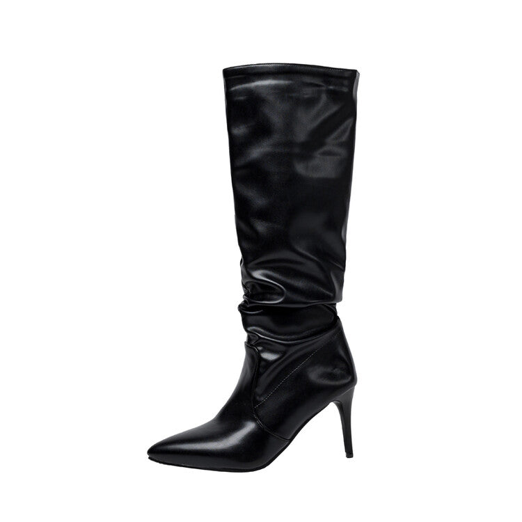 Women's Pleated Pointed Toe Thin Heel Knee High Boots