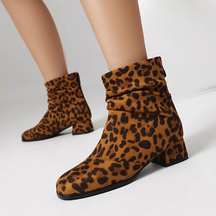 Women'S Leopard Print Round Toe Block Heel Ankle Boots