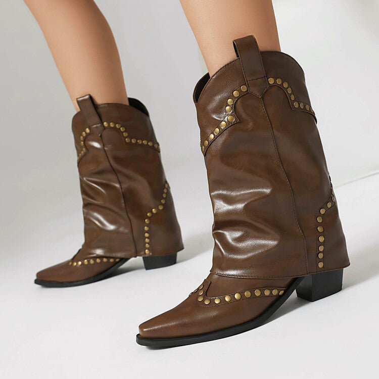 Women's Rivets Pointed Toe Block Heel Mid Calf Western Boots