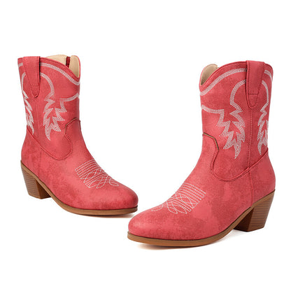 Women's Embroider Round Toe Block Heel Western Boots