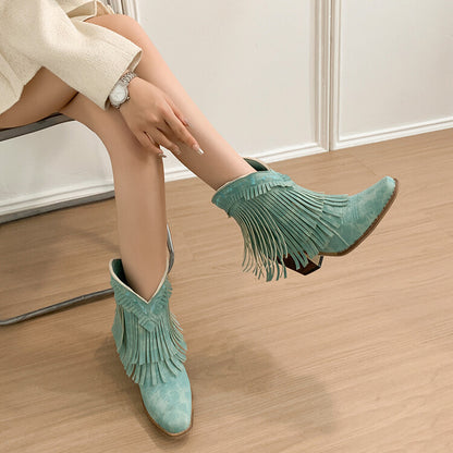 Women's Patchwork Tassel Square Toe Block Heel Short Western Boots