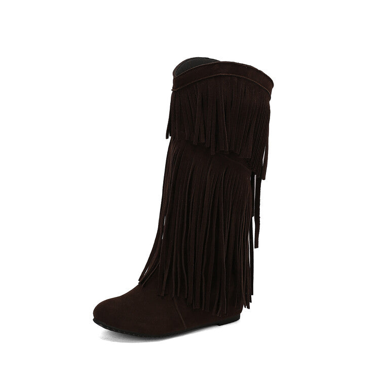 Women's Tassel Round Toe Wedge Heel Mid Calf Boots