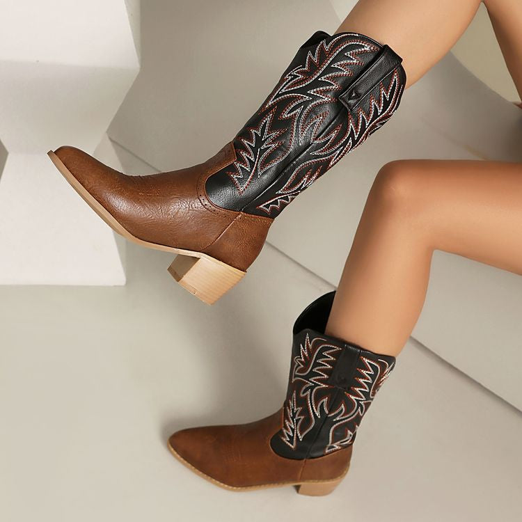 Women's Embroider Pointed Toe Low Heel Mid Calf Western Boots