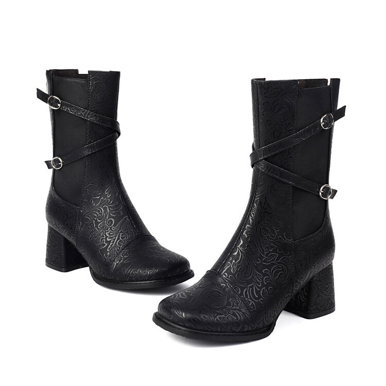 Women's Patchwork Buckle Strap Round Toe Block Heel Mid Calf Boots