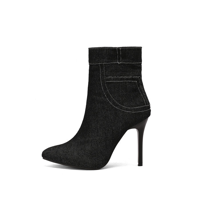 Women's Patchwork Pointed Toe Thin Heel Short Boots