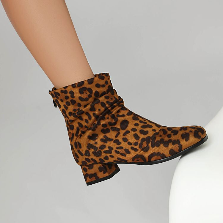 Women'S Leopard Print Round Toe Block Heel Ankle Boots