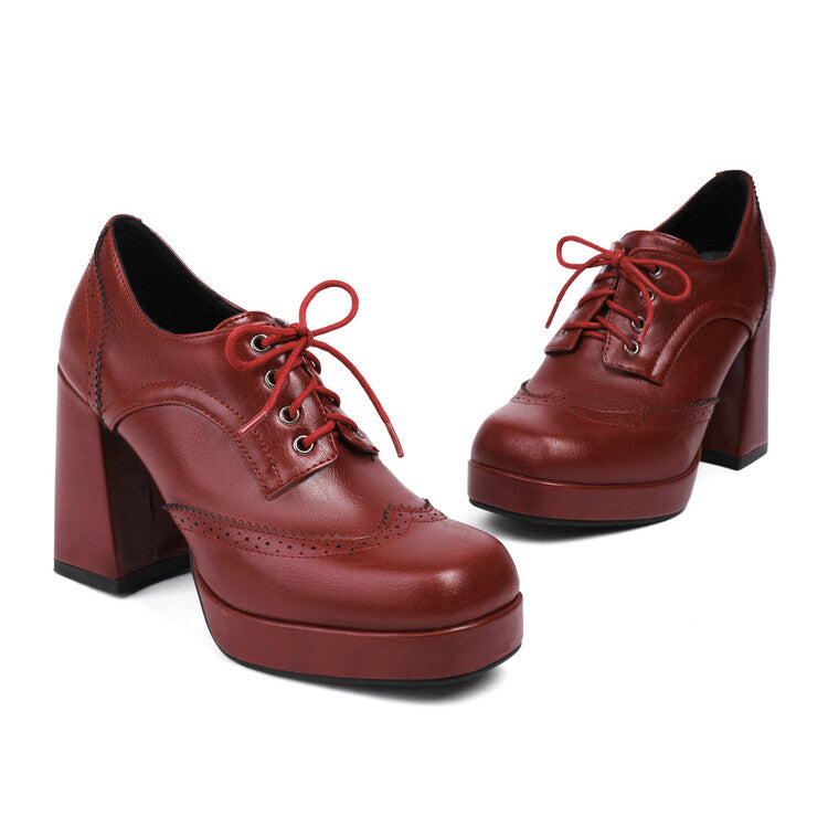 Women'S Square Toe Shoelace Platform Square Heel Brogue Shoes