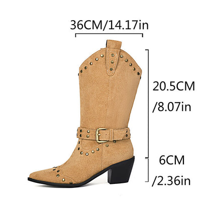 Women's Rivets Pointed Toe Square Heel Mid Calf Western Boots