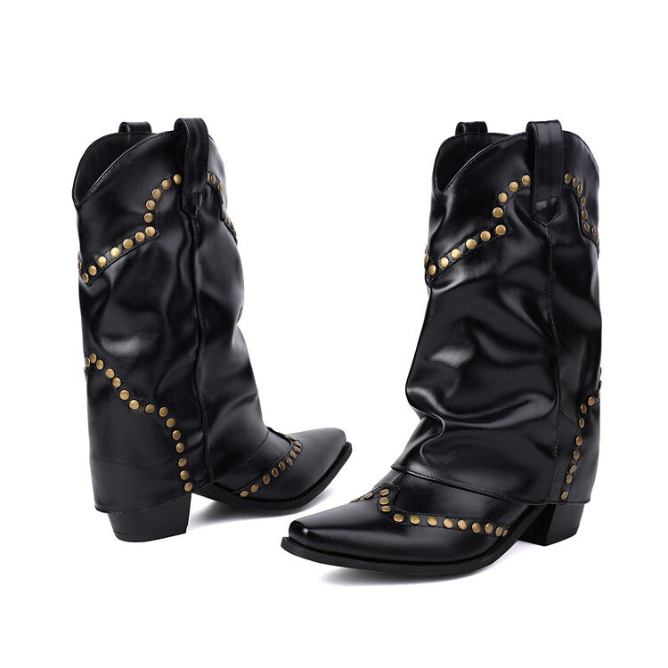 Women's Rivets Pointed Toe Block Heel Mid Calf Western Boots