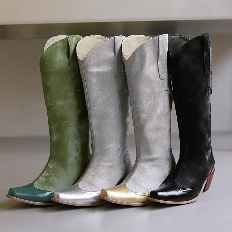 Women's Patchwork Pointed Toe Block Heel Knee High Western Boots