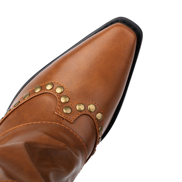 Women's Rivets Pointed Toe Block Heel Mid Calf Western Boots
