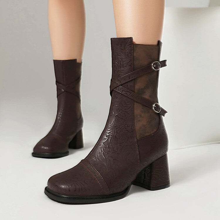 Women's Patchwork Buckle Strap Round Toe Block Heel Mid Calf Boots