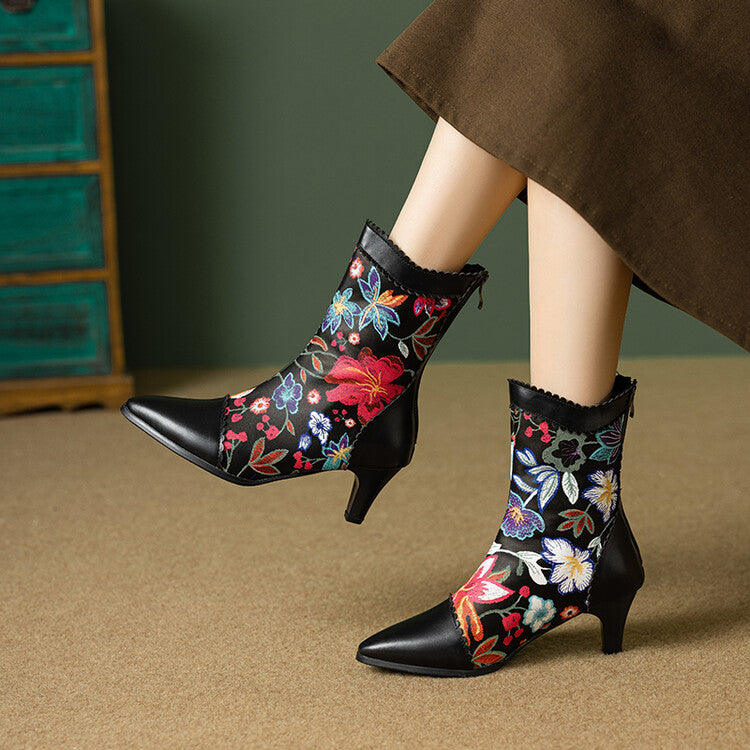 Women's Floral Embroider Pointed Toe Spike Heel Ankle Boots