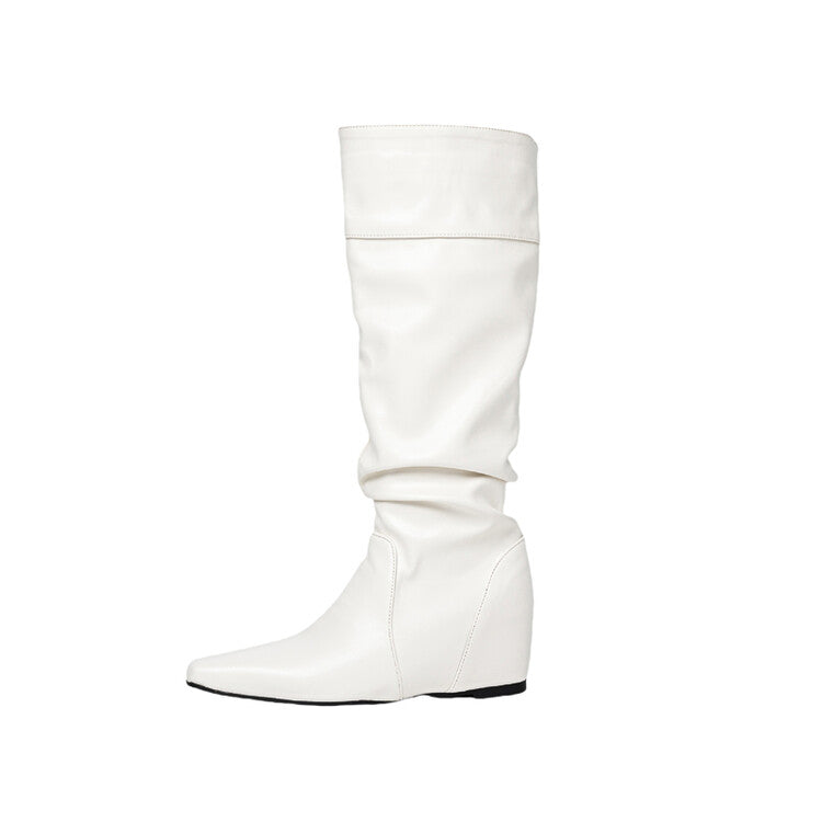 Women's Pleated Square Toe Increased Internal Wedge Heel Knee High Boots