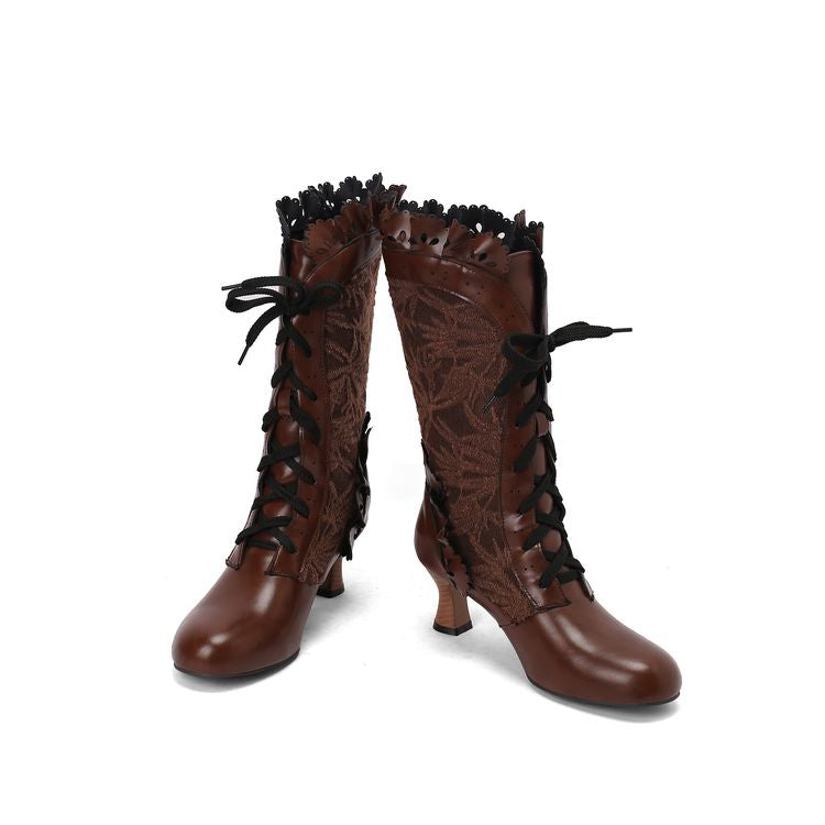 Women's Lace Lace-Up Round Toe Hoof Heel Mid Calf Boots