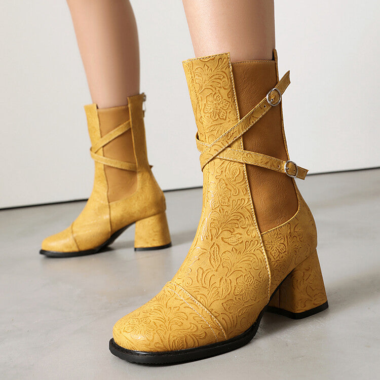 Women's Patchwork Buckle Strap Round Toe Block Heel Mid Calf Boots