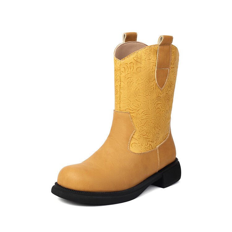 Women's Patchwork Round Toe Flat Platform Mid Calf Western Boots
