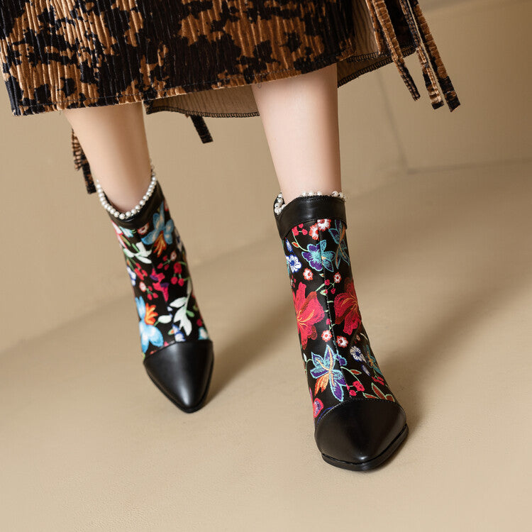 Women's Flowers Pearls Pointed Toe Spike Heel Short Boots