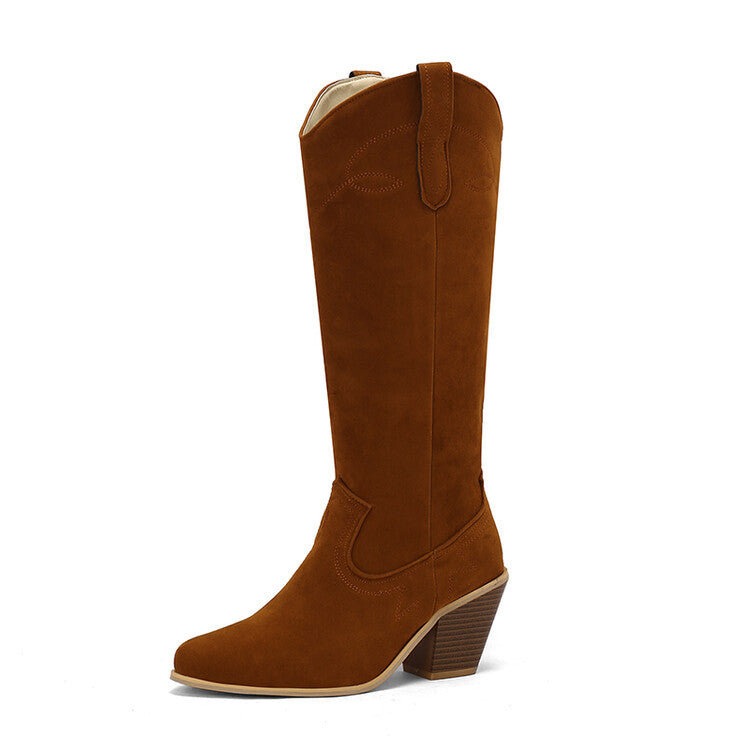 Women's Embroider Pointed Toe Block Heel Knee High Western Boots