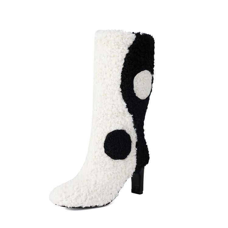 Women's Patchwork Round Toe High Heel Mid Calf Boots