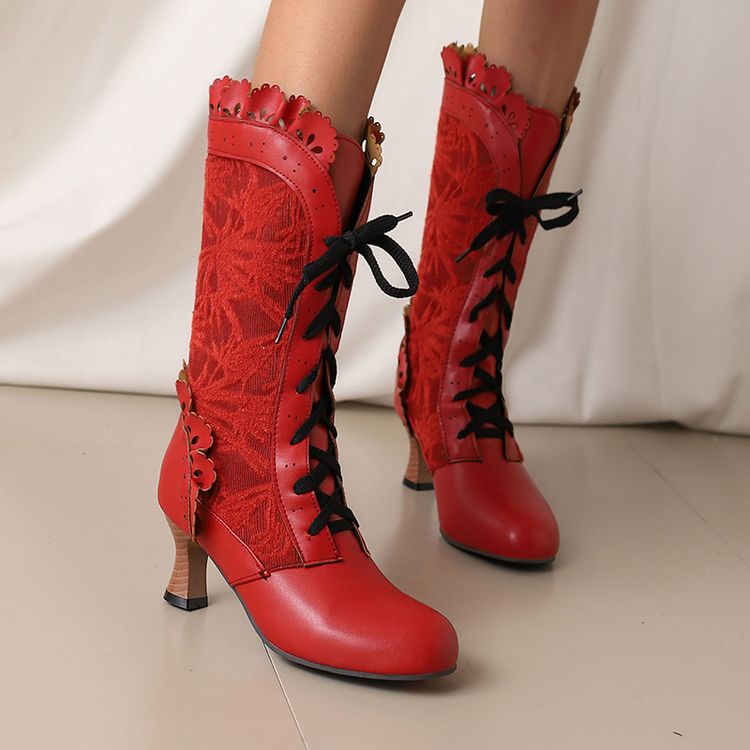 Women's Lace Lace-Up Round Toe Hoof Heel Mid Calf Boots