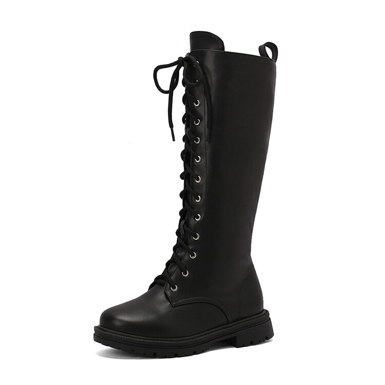 Women's Lace-Up Round Toe Flat Platform Knee High Boots