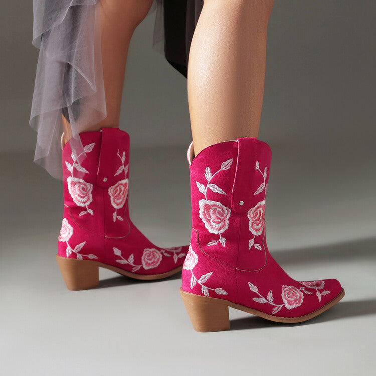 Women's Floral Embroider Block Heel Mid Calf Western Boots