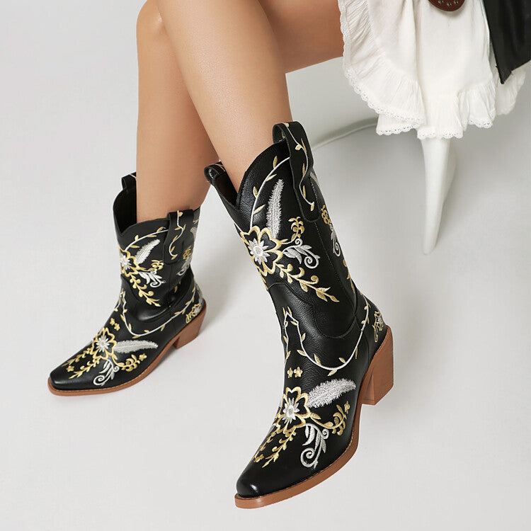 Women's Embroider Sequins Block Heel Mid Calf Western Boots