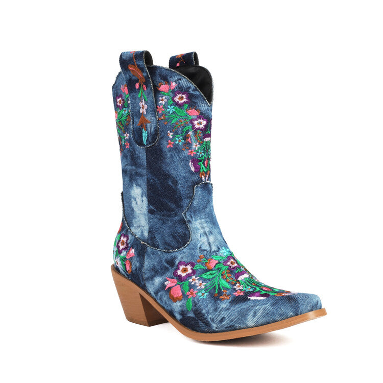 Women's Embroider Square Toe Block Heel Mid Calf Western Boots