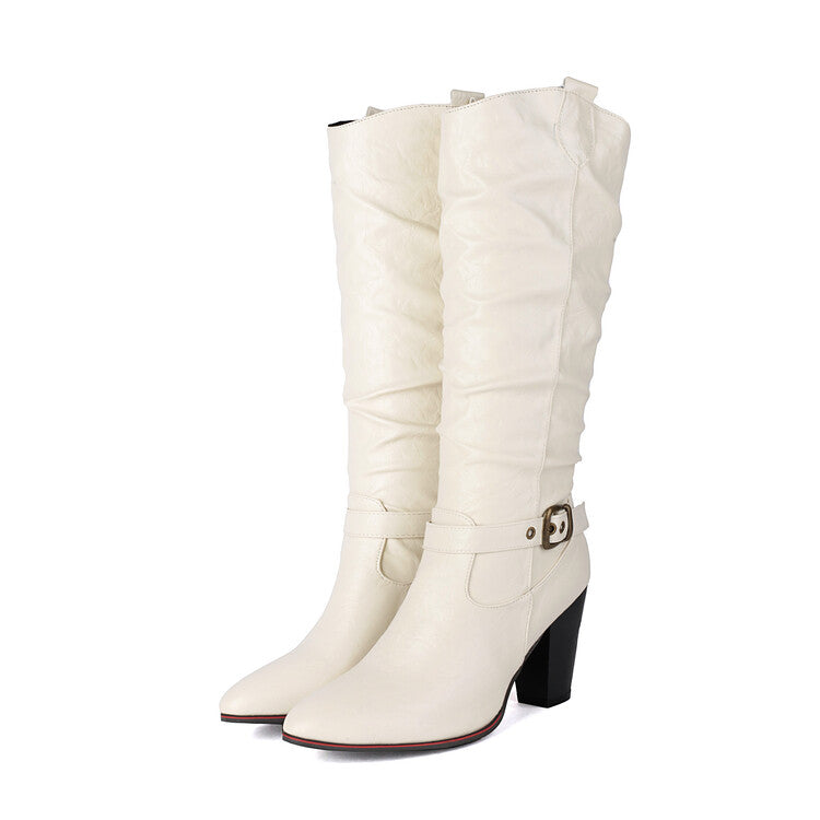 Women's Buckle Strap Pointed Toe Block Heel Knee High Western Boots