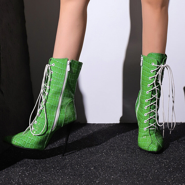 Women's Glossy Lace-Up Pointed Toe Thin Heel Short Boots