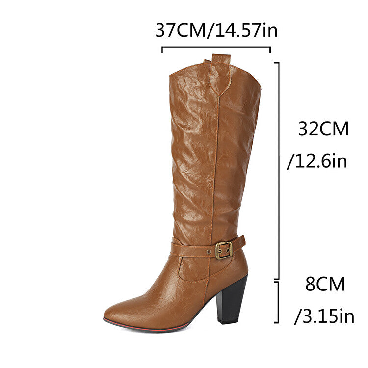 Women's Buckle Strap Pointed Toe Block Heel Knee High Western Boots