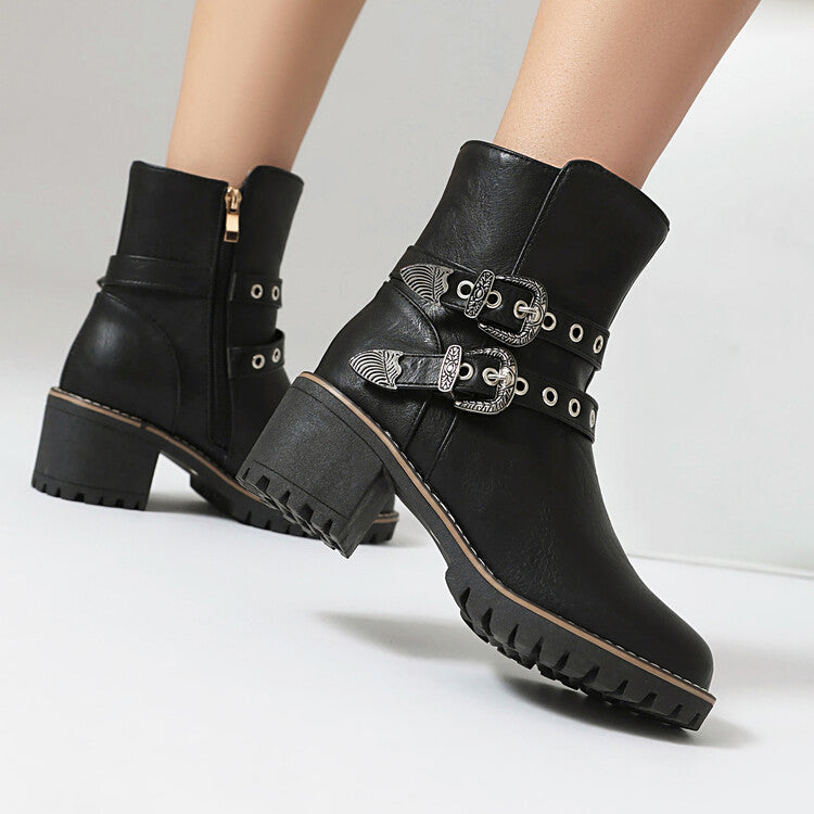 Women's Metal Decor Round Toe Square Heel Platform Short Boots