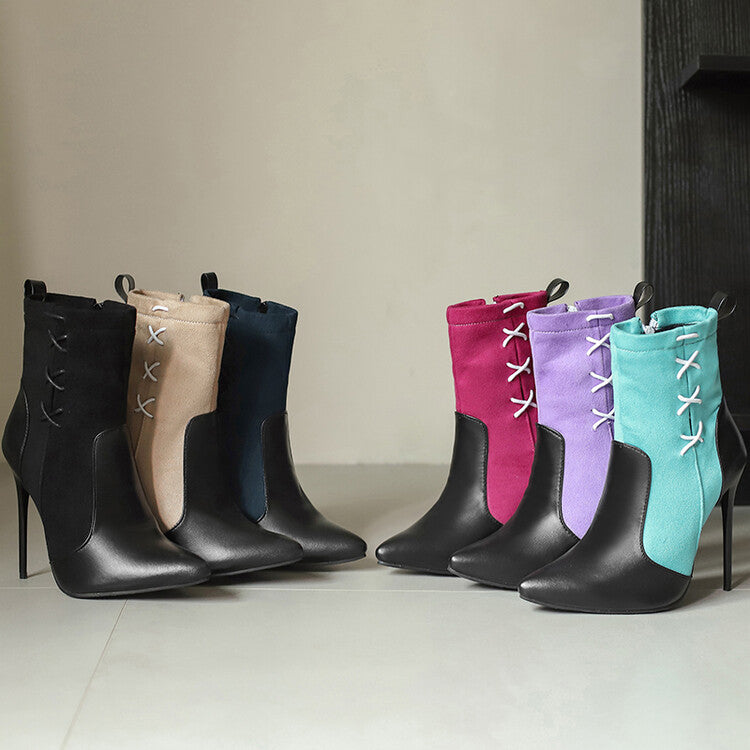 Women's Patchwork Pointed Toe Thin Heel Short Boots