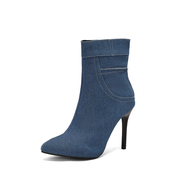 Women's Patchwork Pointed Toe Thin Heel Short Boots