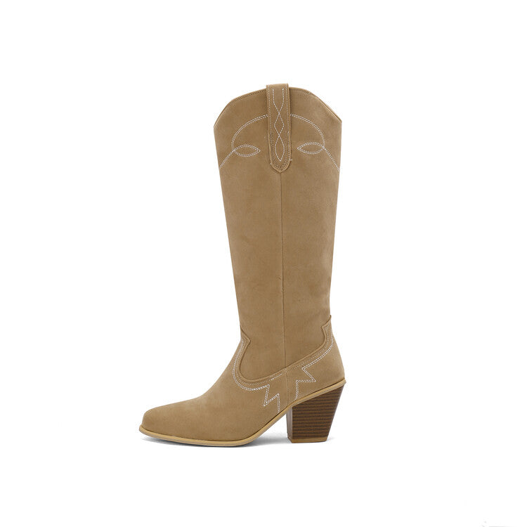 Women's Embroider Pointed Toe Block Heel Knee High Western Boots