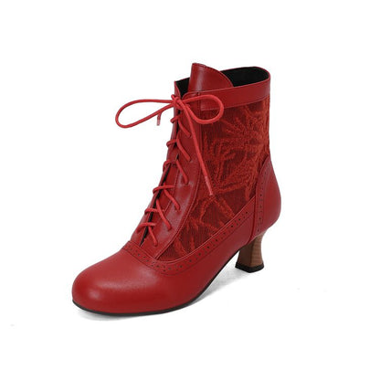 Women's Embroider Lace-Up Round Toe Hoof Heel Ankle Boots