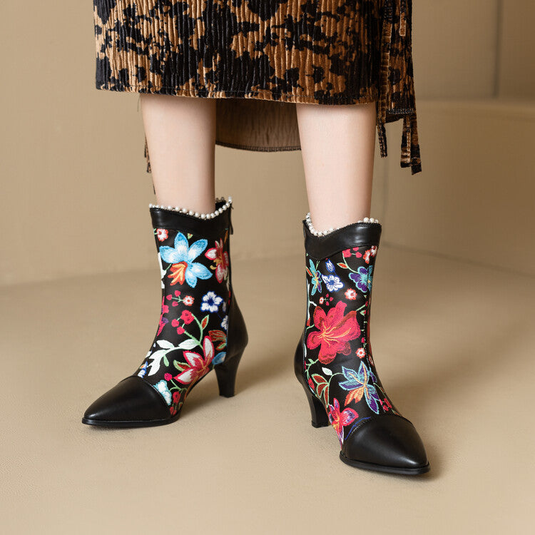 Women's Flowers Pearls Pointed Toe Spike Heel Short Boots
