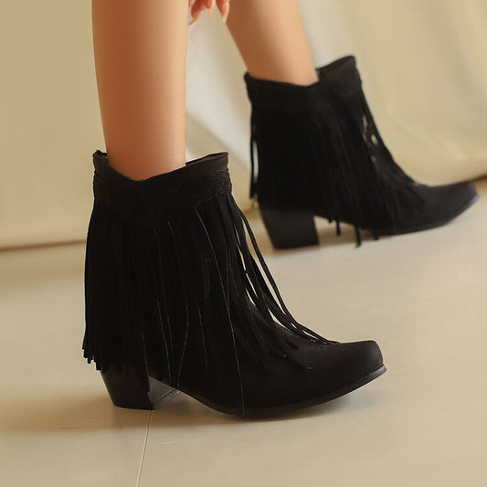 Women's Tassel Block Heel Short Boots