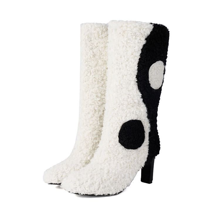 Women's Patchwork Round Toe High Heel Mid Calf Boots