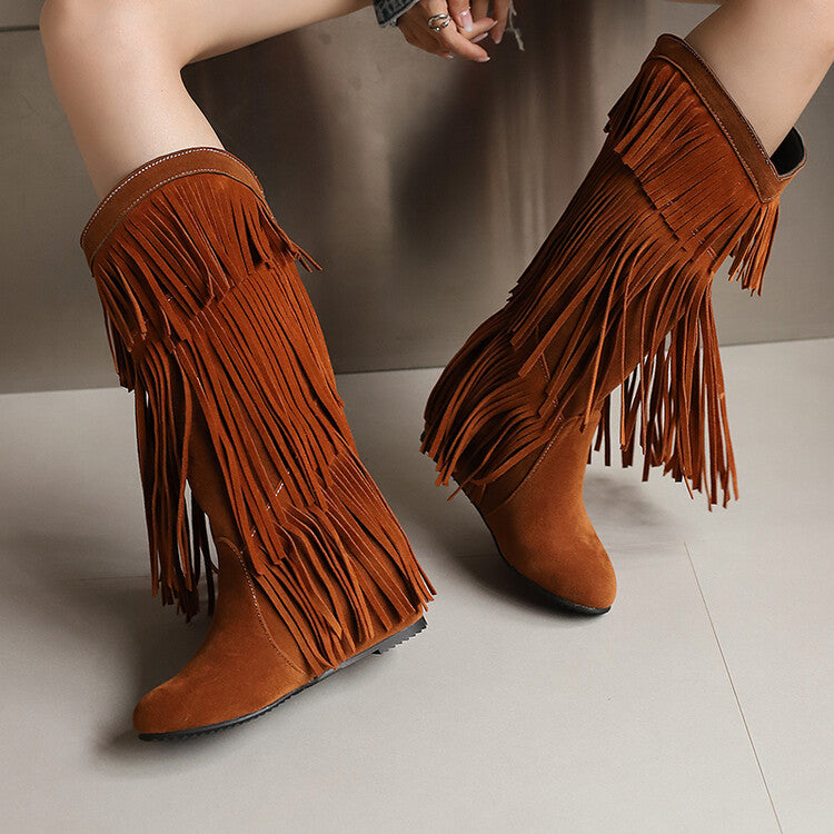 Women's Tassel Round Toe Wedge Heel Mid Calf Boots