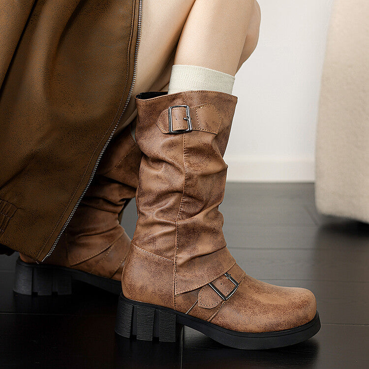 Women's Buckle Strap Low Heel Platform Mid Calf Boots
