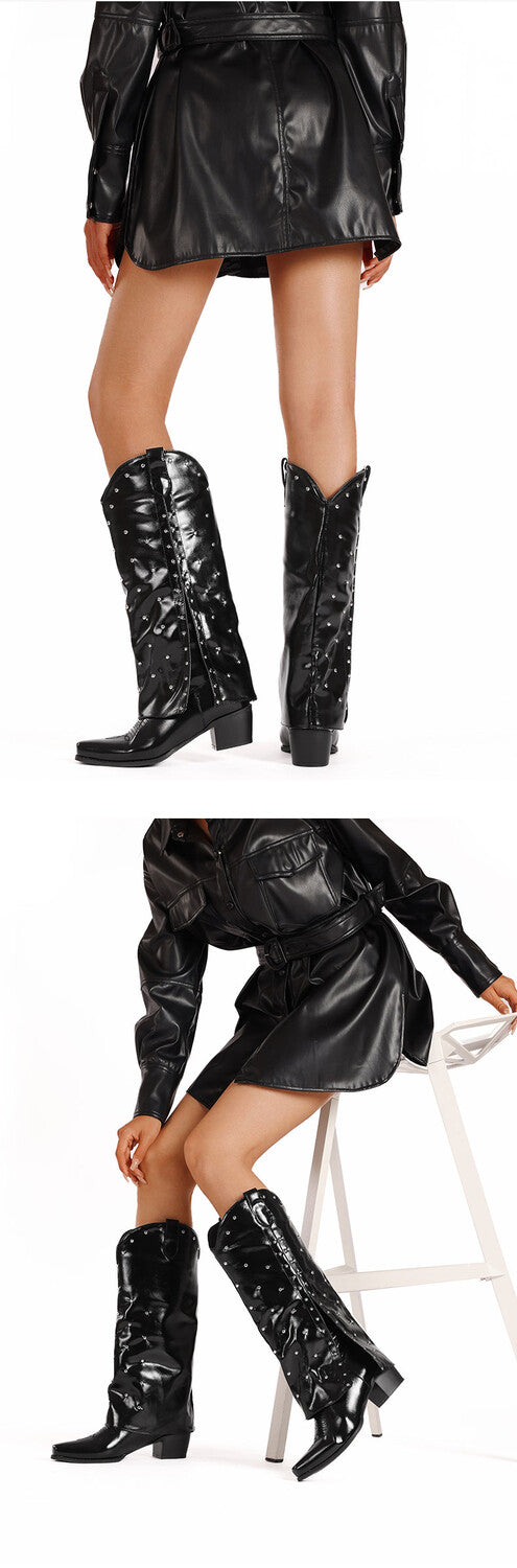 Women's Rivets Block Heel Mid Calf Boots
