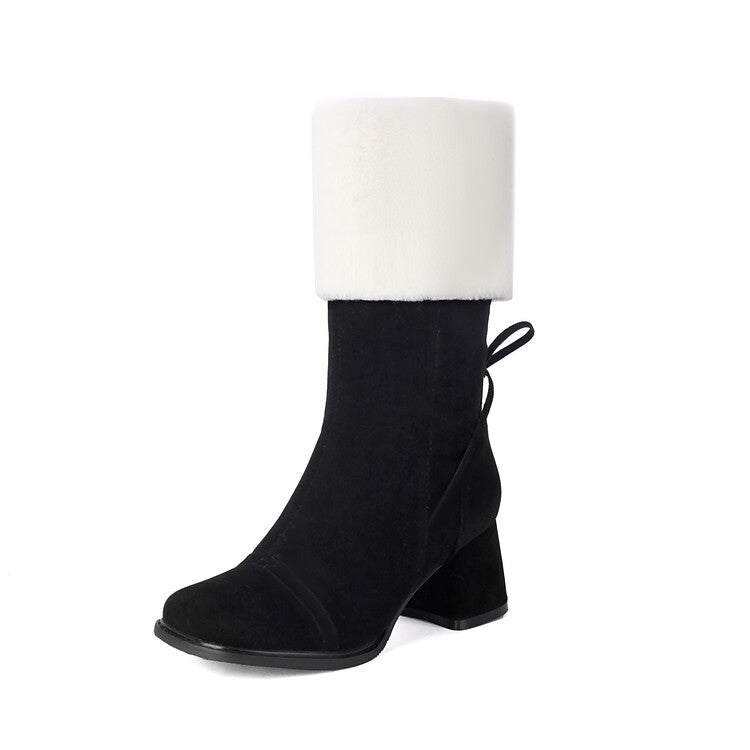 Women's Patchwork Square Toe Block Heel Plush Mid Calf Boots