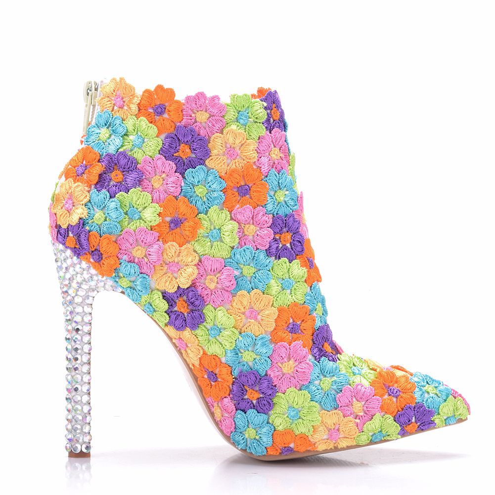 Women Stiletto Rhinestone Heel Pointed Toe Ethnic Lace Short Boots